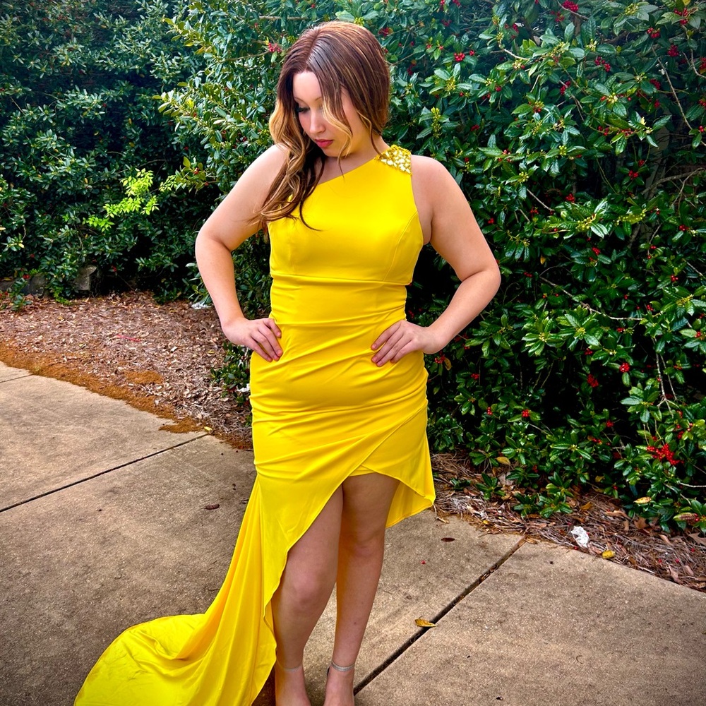 Yellow Ruched High Low Bodycon Dress with Slit